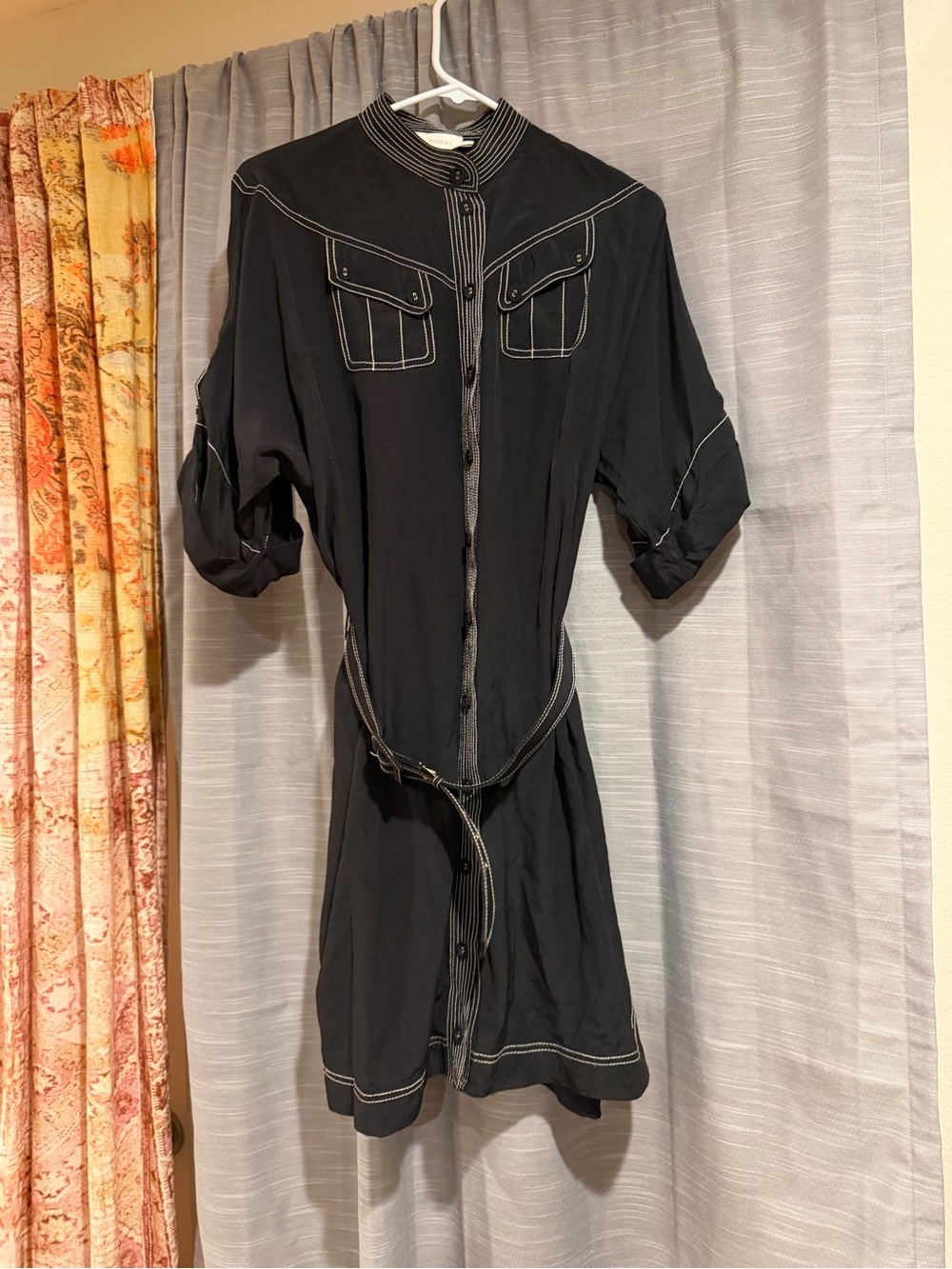 Zimmermann Black Silk Shirt Dress with White Contrast Stitching